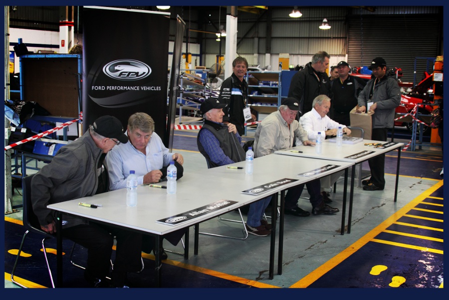 Allan Moffat, Colin Bond, Murray Carter, Kevin Bartlett and John Goss prepare for a huge signing session at Ford Performance Vehicles.