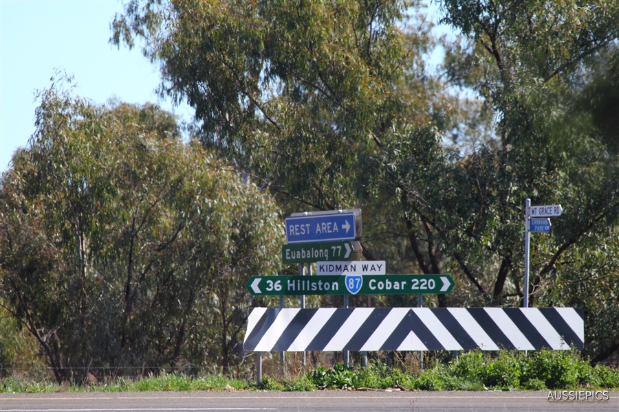 Road signs on the Kidman highway inlude the run to Euabalong.
