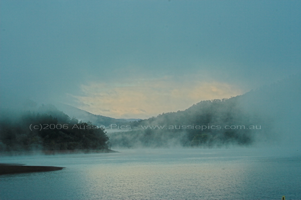 Lake Bogong as the fog lifts after sunrise